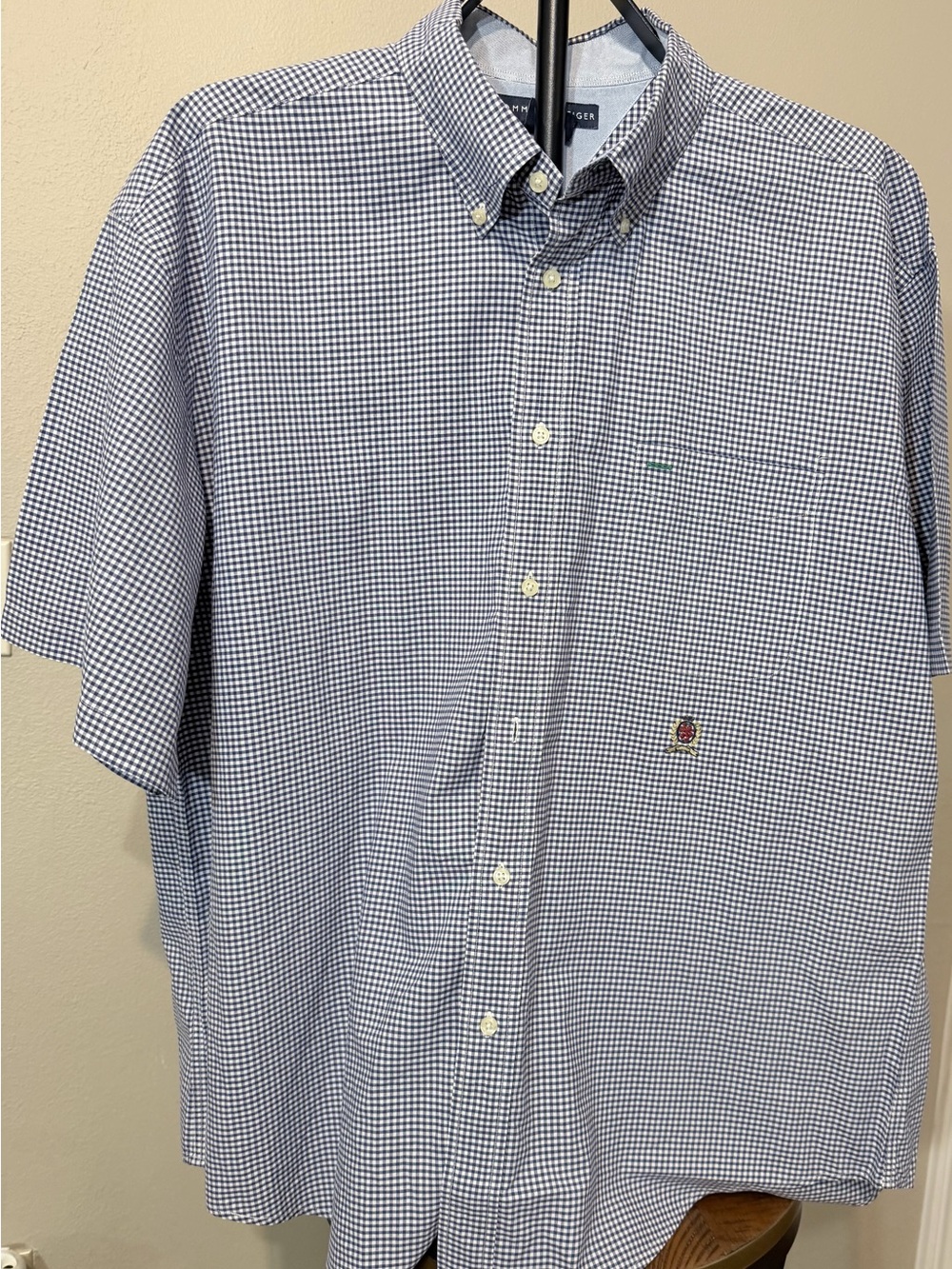 Tommy Hilfiger Shirt Men XL Blue/White Check Cotton Short Sleeve Button-Down